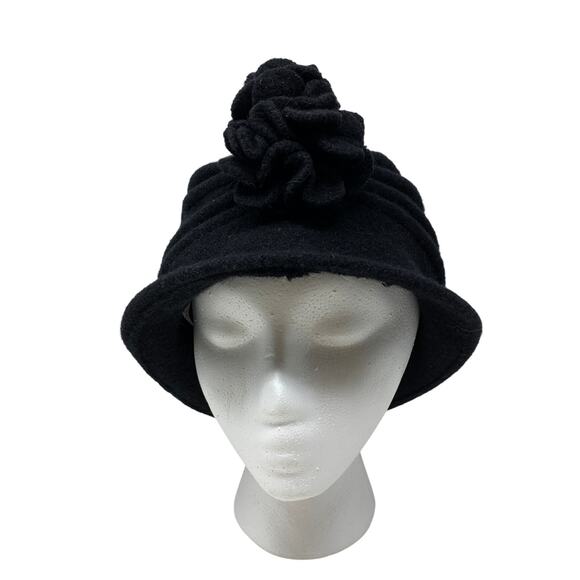 Scala Wool Felt Cloche Ribbed Hat 3D Flower Design Black One Size - Picture 2 of 6